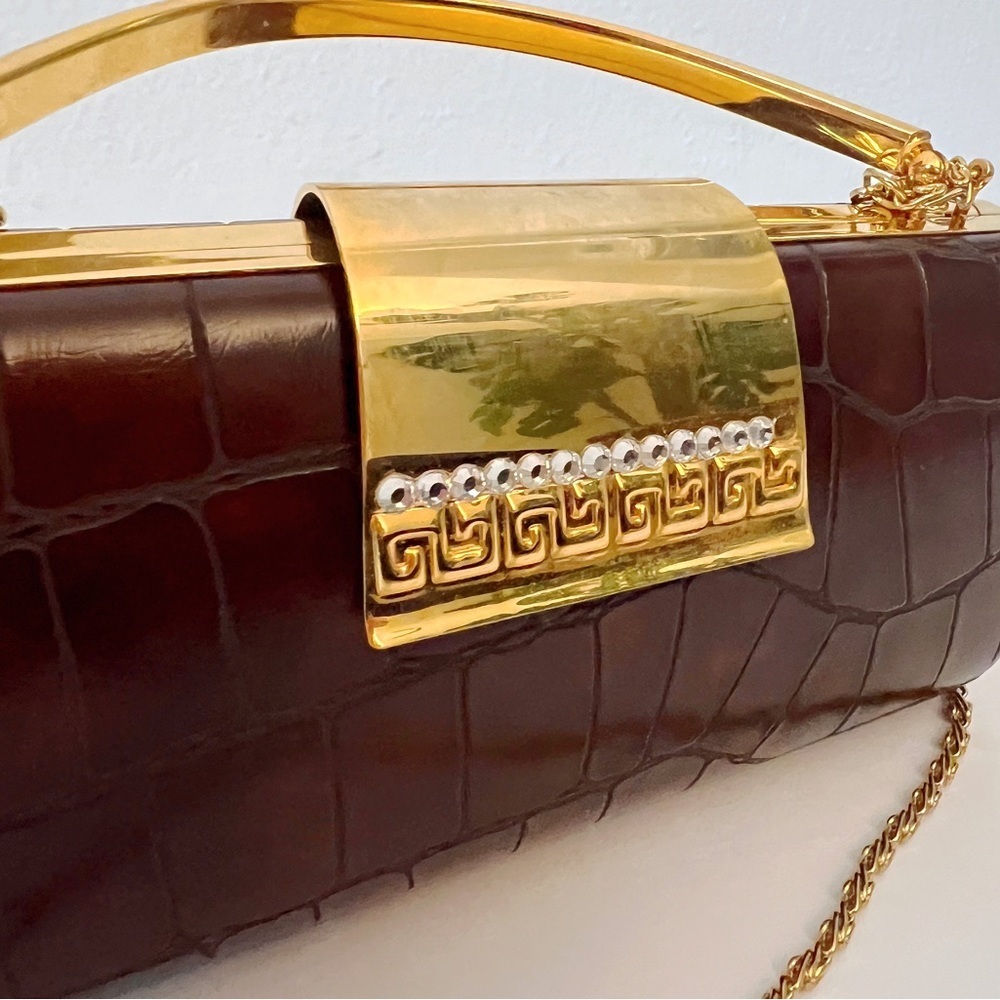 CLEARANCE ✨ Vintage Brown & Gold Clutch with Diamond Detail - Picture 4 of 13